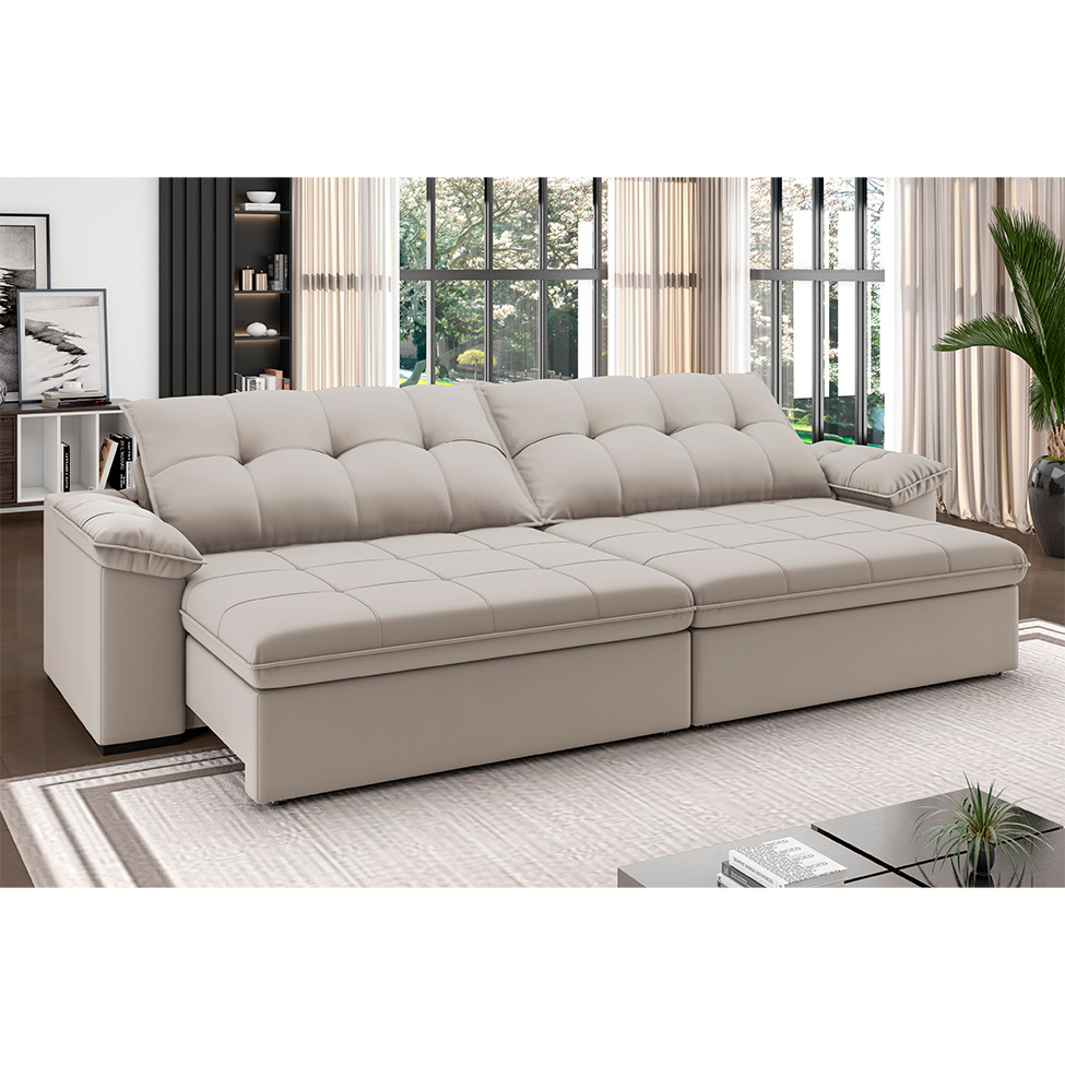 Sofá 3 Lugares Retrátil e Reclinável com USB Flexforma Triton Veludo Marfim 230 cm