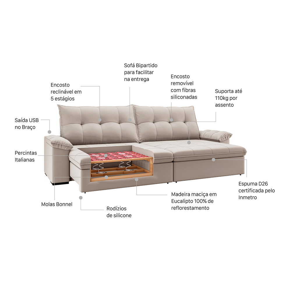 Sofá 3 Lugares Retrátil e Reclinável com USB Flexforma Triton Veludo Marfim 230 cm