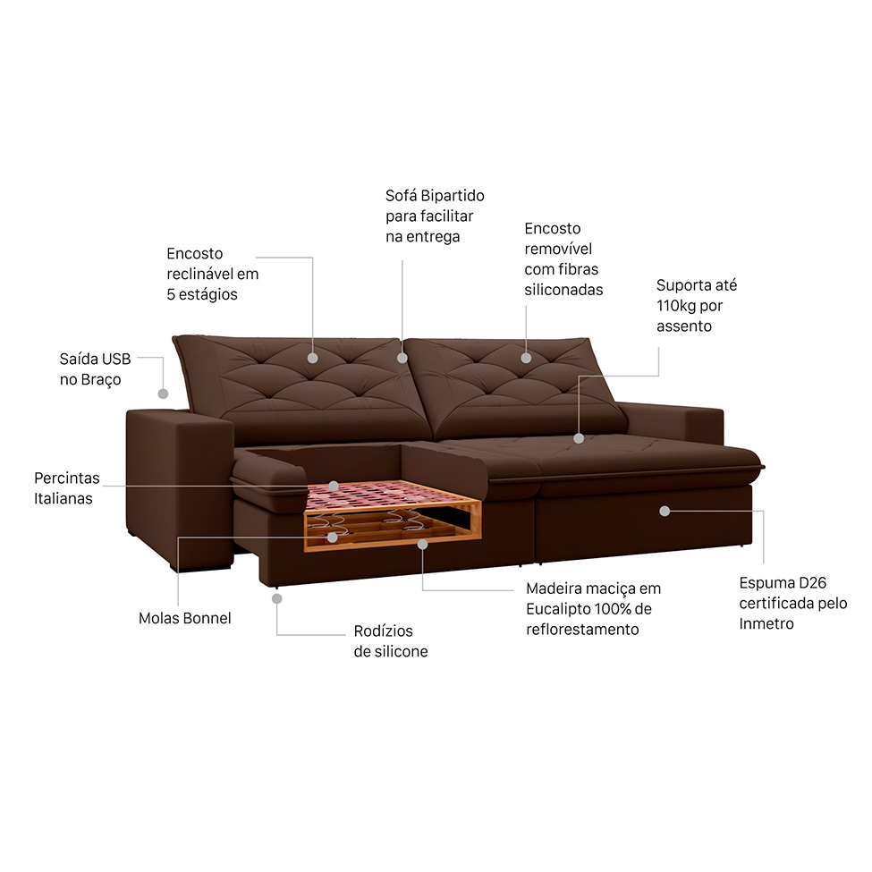 Sofá 4 Lugares Retrátil e Reclinável Flexforma Premier Veludo Chocolate 250 cm