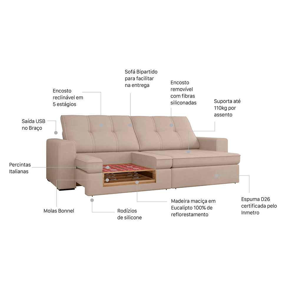 Sofá 4 Lugares Retrátil e Reclinável Flexforma Versalhes Camurça 250 cm