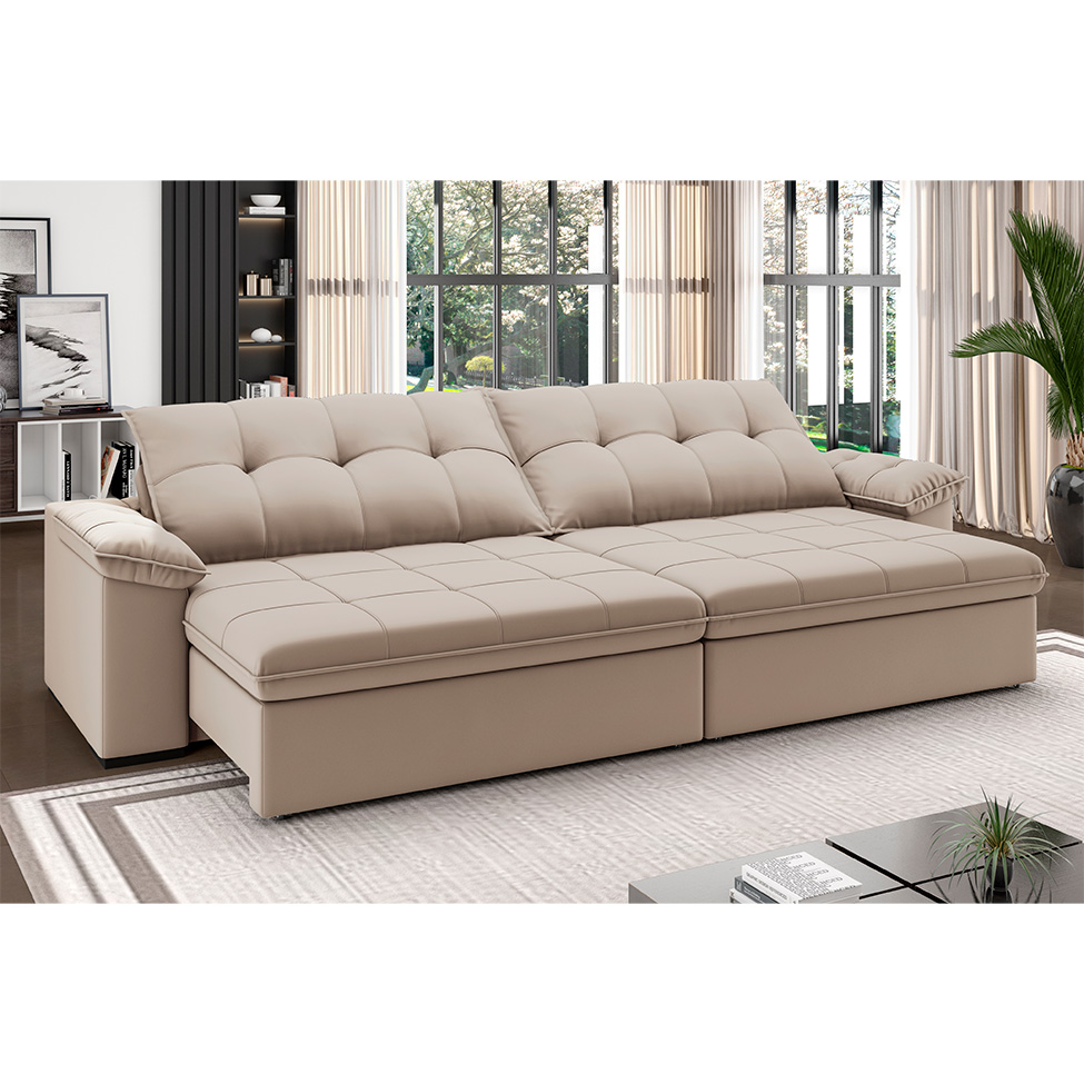 Sofá 4 Lugares Retrátil e Reclinável com USB Flexforma Triton Camurça 250 cm