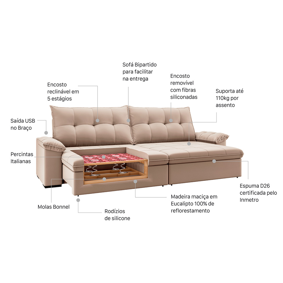 Sofá 4 Lugares Retrátil e Reclinável com USB Flexforma Triton Camurça 250 cm