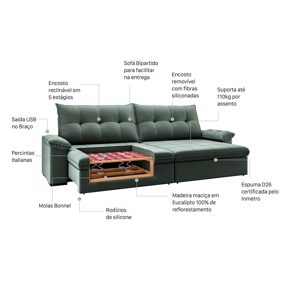 Sofá 4 Lugares Retrátil e Reclinável com USB Flexforma Triton Veludo Cinza 250 cm