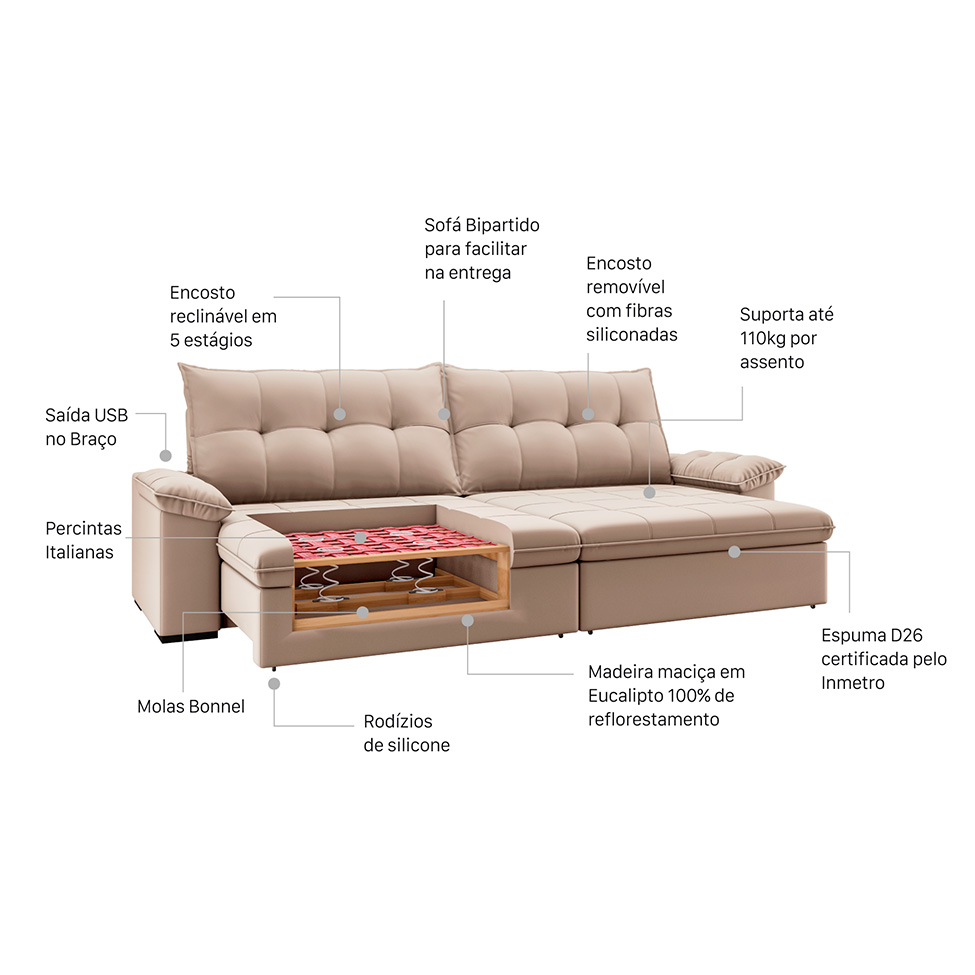Sofá 5 Lugares Retrátil e Reclinável cm USB Flexforma Triton Camurça 290 cm
