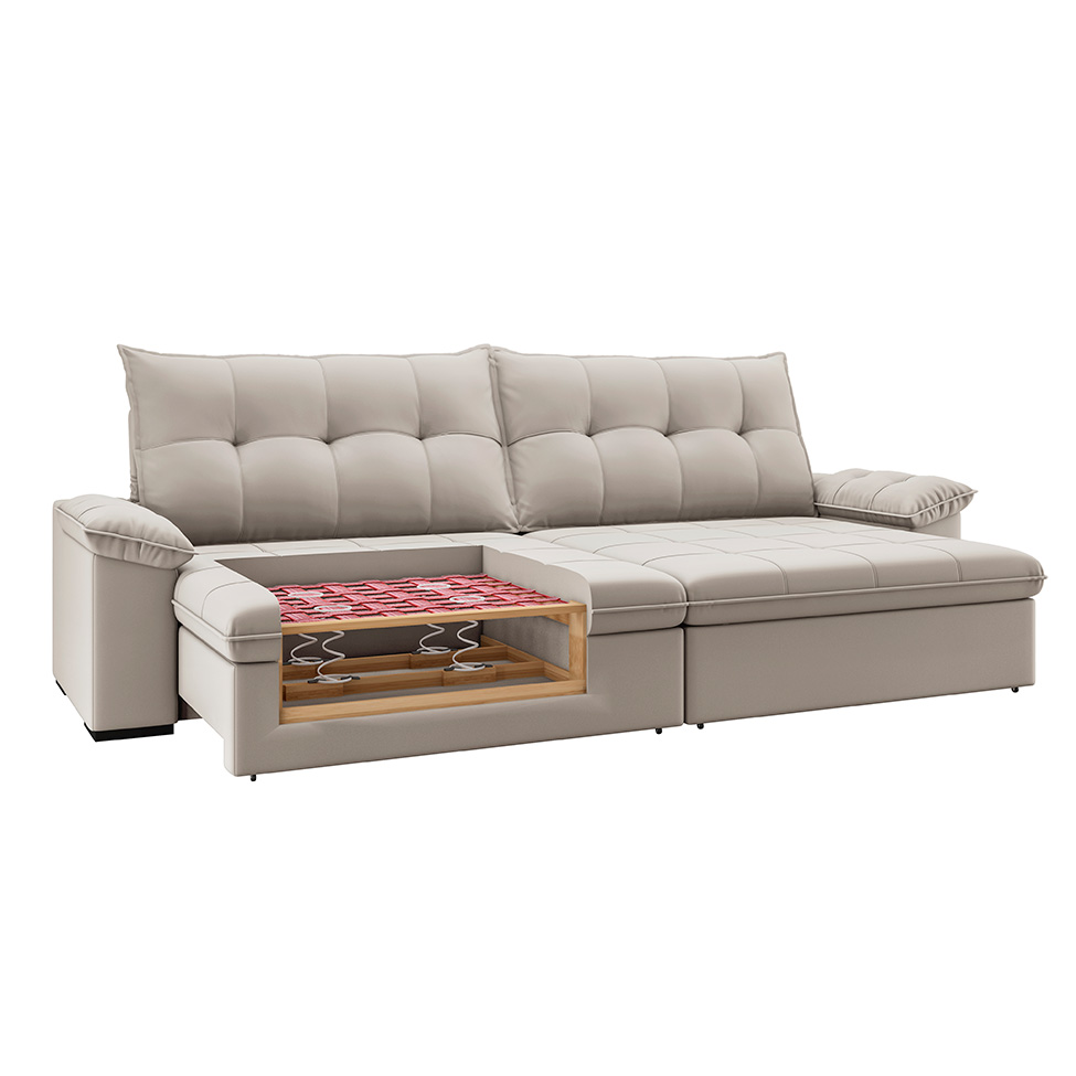 Sofá 5 Lugares Retrátil e Reclinável cm USB Flexforma Triton Veludo Marfim 290 cm