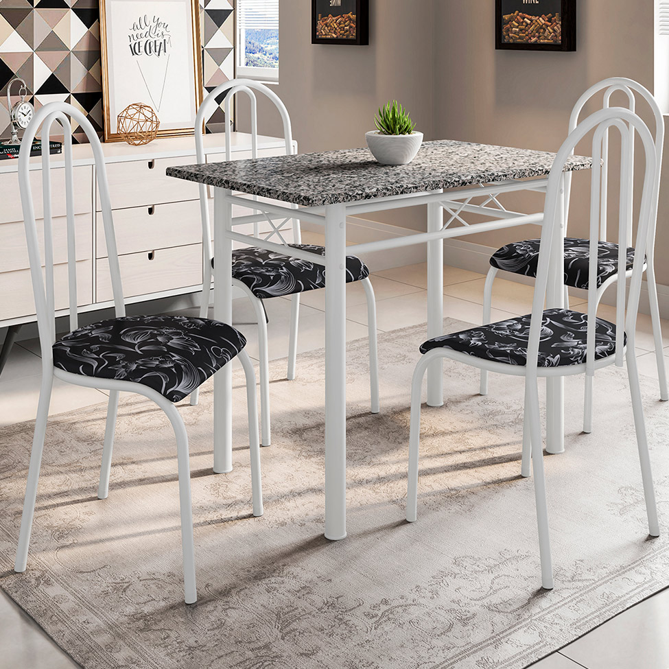Conjunto de Mesa Genebra com 4 Cadeiras Alicante Branco Liso e Preto Floral