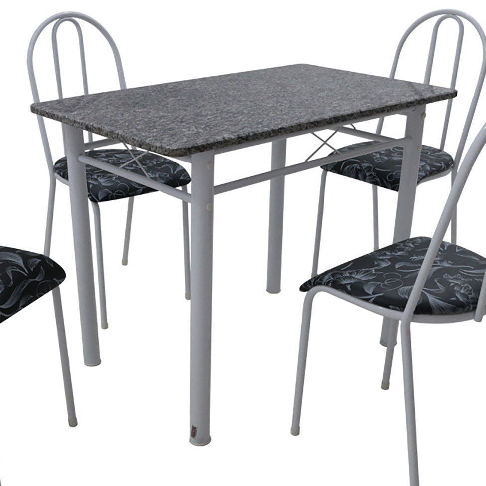 Conjunto de Mesa Genebra com 4 Cadeiras Alicante Branco Liso e Preto Floral