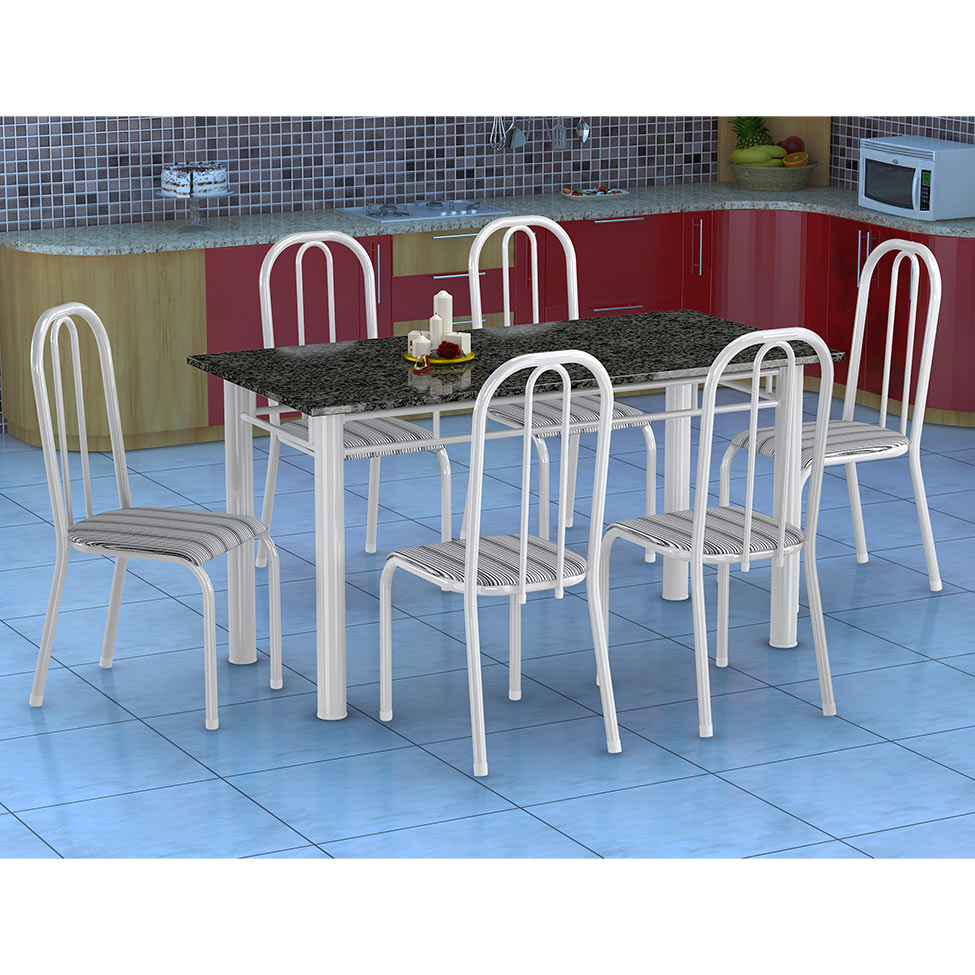 Conjunto de Mesa Granada com 6 Cadeiras Madri Branco e Preto Listrado GR