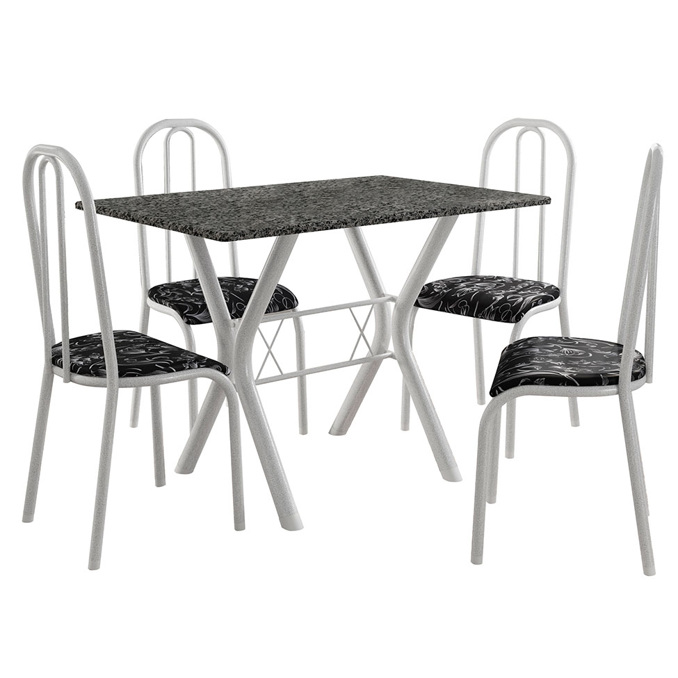 Conjunto de Mesa Miame 110 cm com 4 Cadeiras Madri Branco e Preto Floral