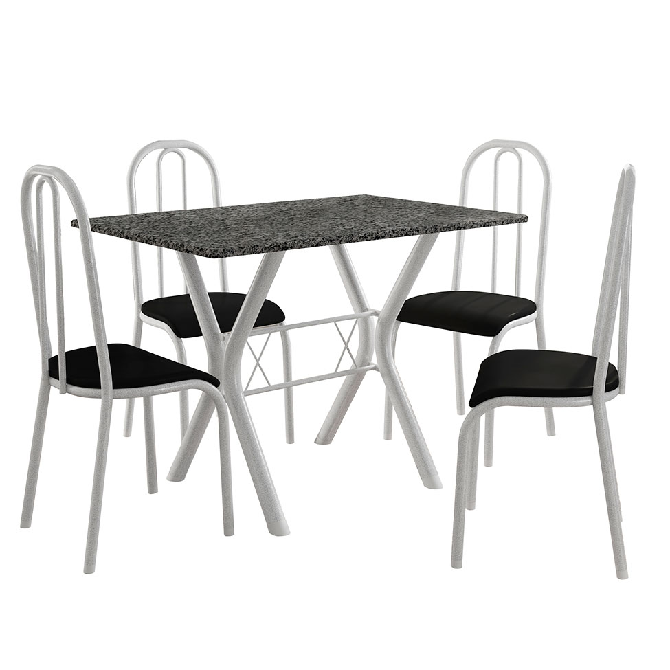 Conjunto de Mesa Miame 110 cm com 4 Cadeiras Madri Branco e Preto Liso