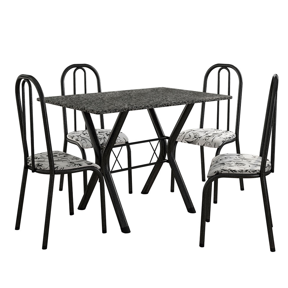 Conjunto de Mesa Miame 110 cm com 4 Cadeiras Madri Preto e Branco Floral