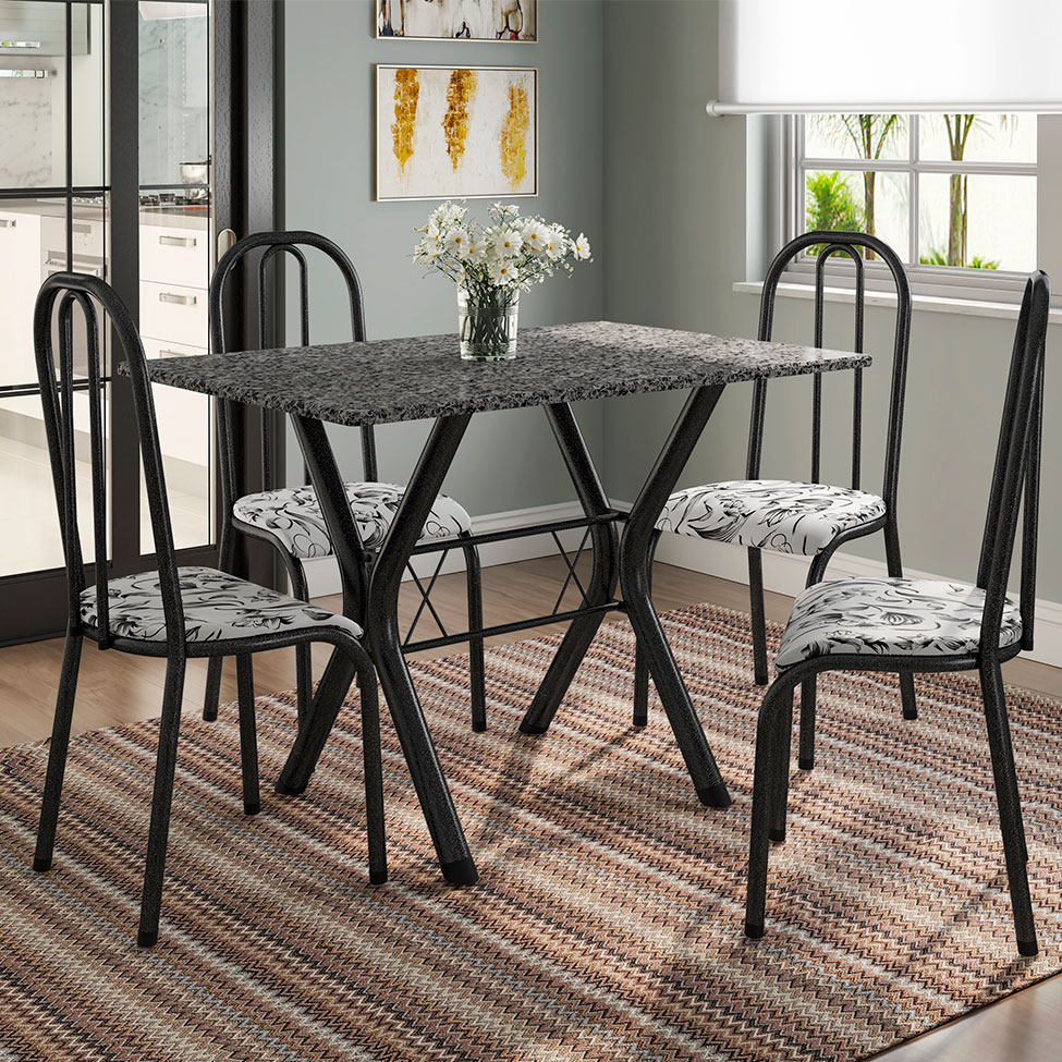 Conjunto de Mesa Miame 110 cm com 4 Cadeiras Madri Preto e Branco Floral