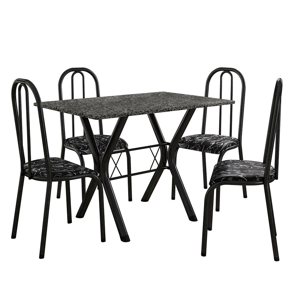 Conjunto de Mesa Miame 110 cm com 4 Cadeiras Madri Preto e Preto Floral