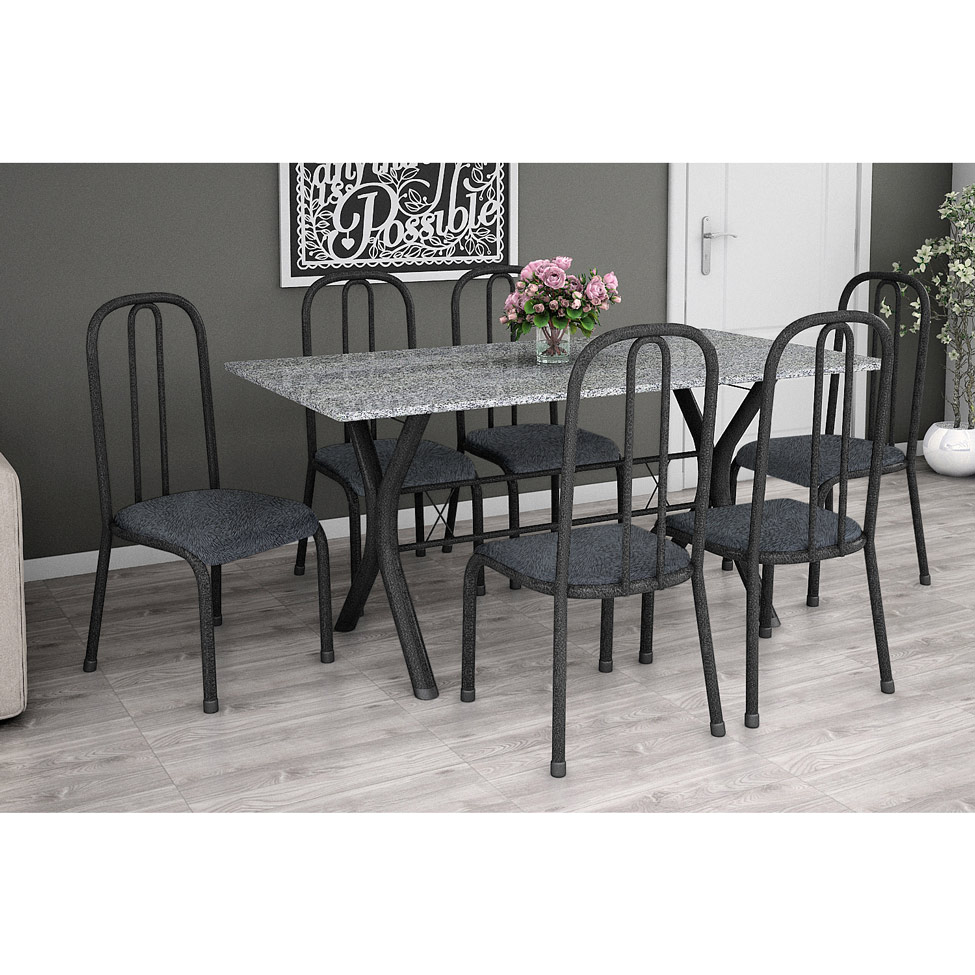 Conjunto de Mesa Miame 150 cm com 6 Cadeiras Madri Preto e Mesclado Petróleo