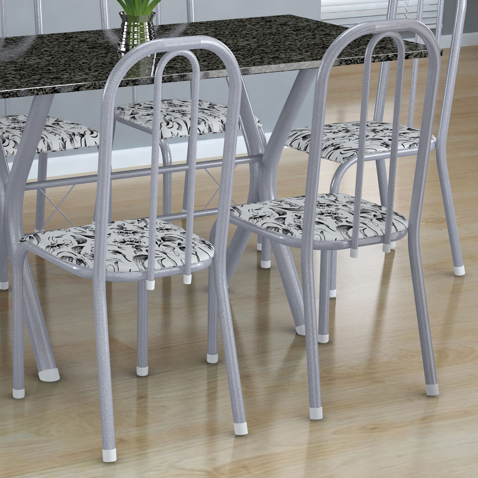 Conjunto de Mesa Miame com 6 Cadeiras Madri Branco Prata e Branco Floral