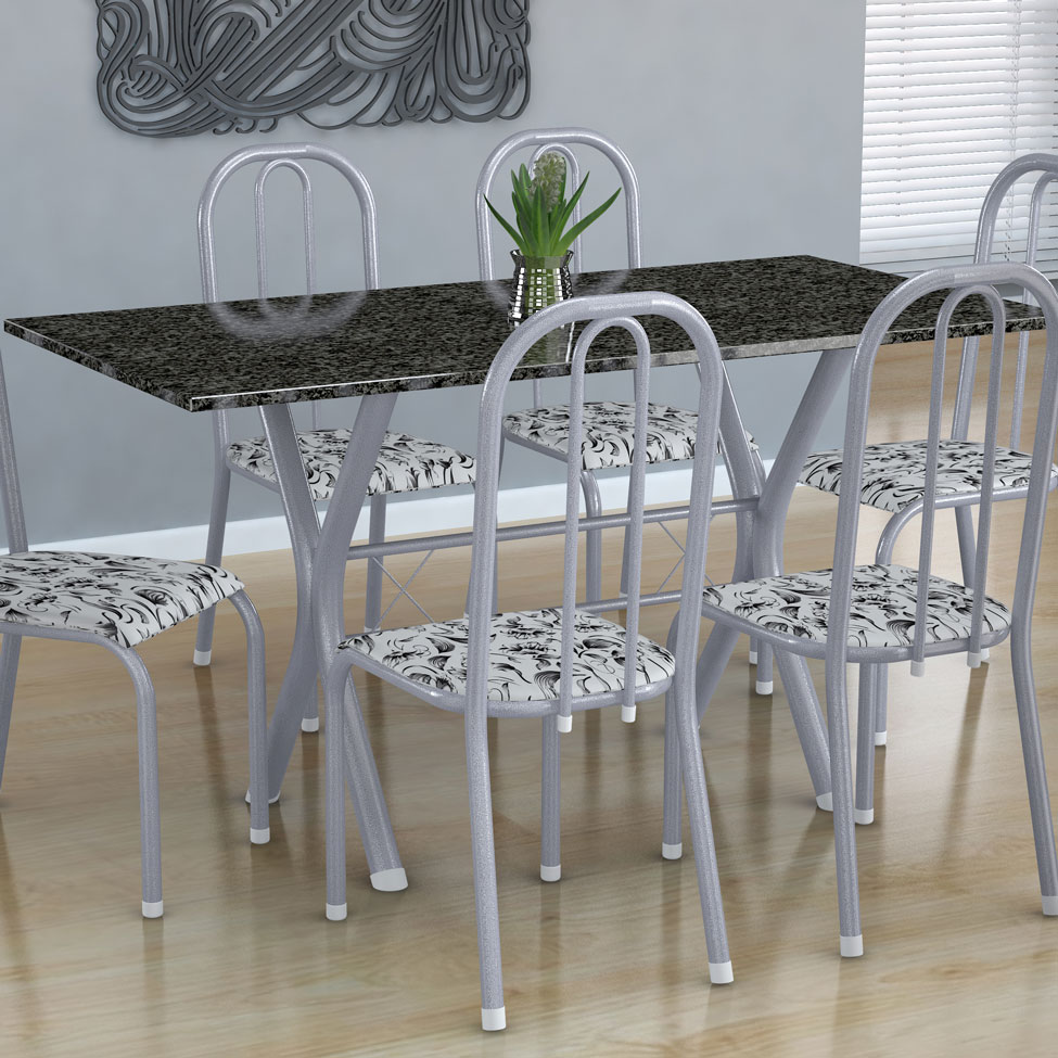 Conjunto de Mesa Miame com 6 Cadeiras Madri Branco Prata e Branco Floral