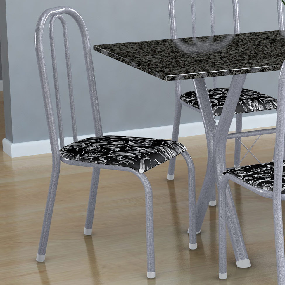 Conjunto de Mesa Miame com 6 Cadeiras Madri Branco Prata e Preto Floral