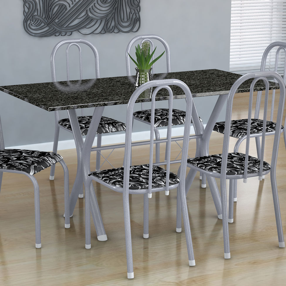 Conjunto de Mesa Miame com 6 Cadeiras Madri Branco Prata e Preto Floral