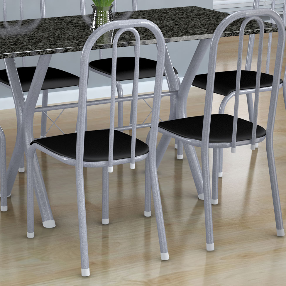 Conjunto de Mesa Miame com 6 Cadeiras Madri Branco Prata e Preto Liso
