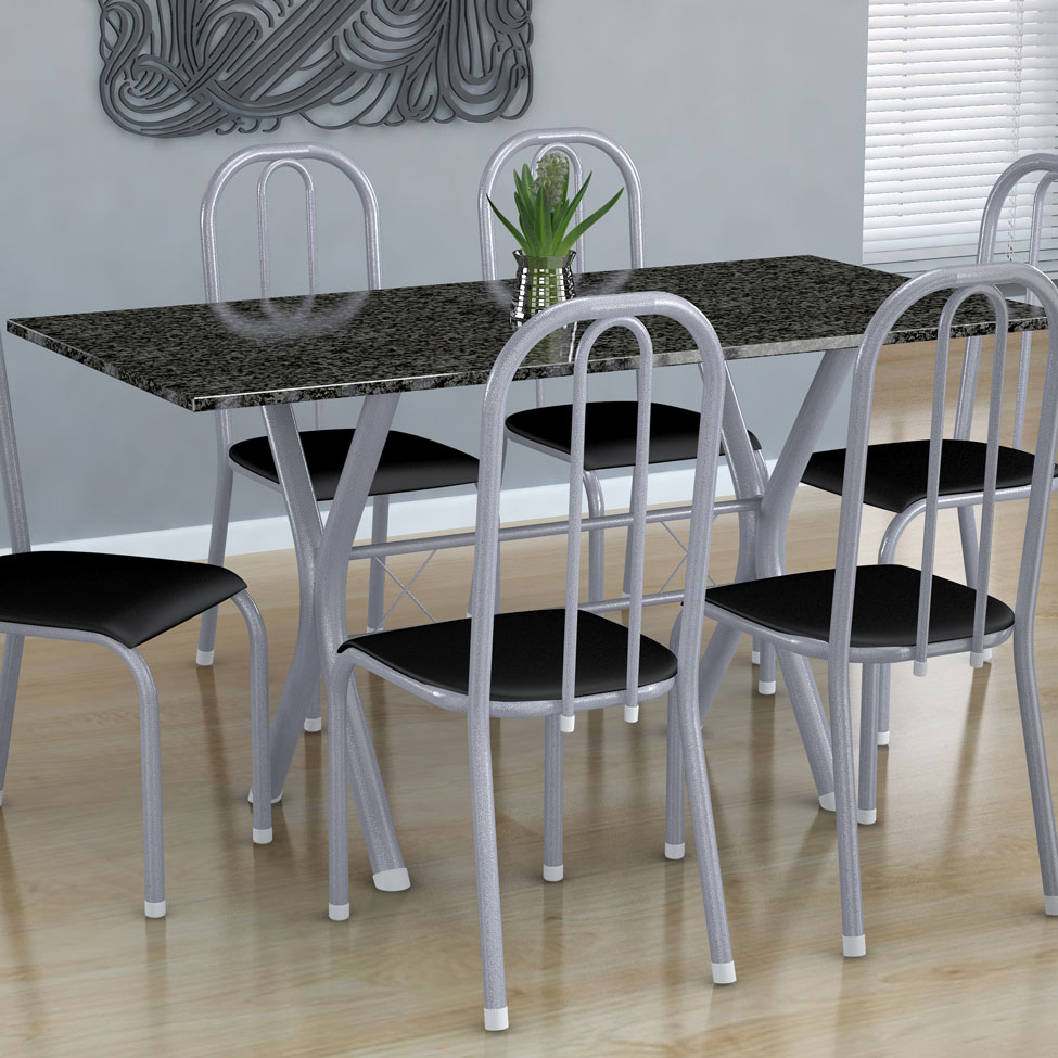 Conjunto de Mesa Miame com 6 Cadeiras Madri Branco Prata e Preto Liso