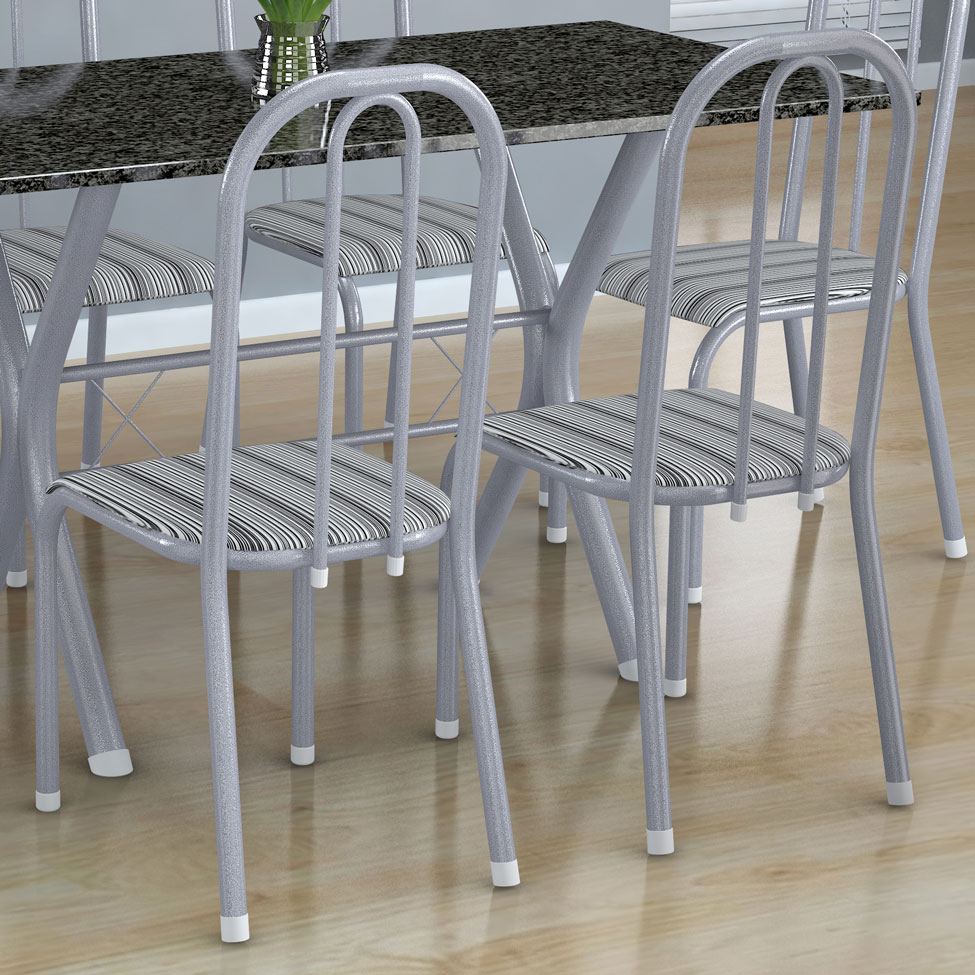 Conjunto de Mesa Miame com 6 Cadeiras Madri Branco Prata e Preto Listrado
