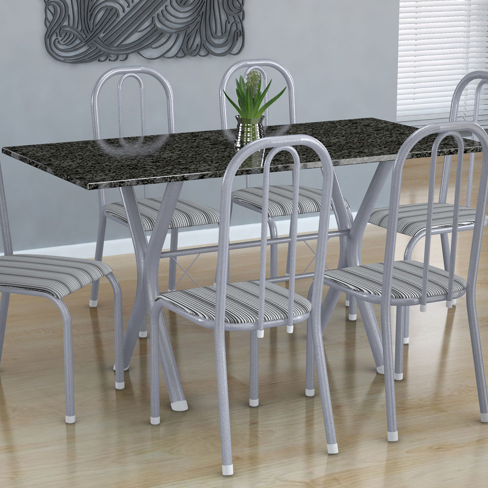 Conjunto de Mesa Miame com 6 Cadeiras Madri Branco Prata e Preto Listrado