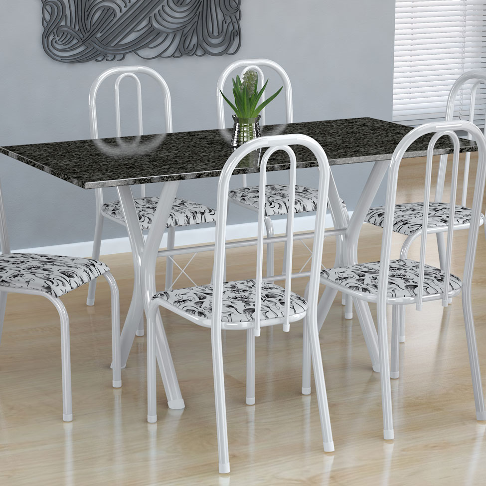 Conjunto de Mesa Miame com 6 Cadeiras Madri Branco e Branco Floral