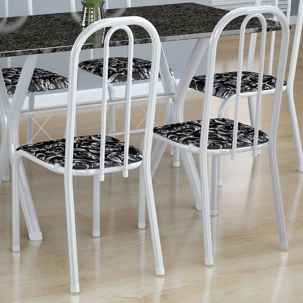 Conjunto de Mesa Miame com 6 Cadeiras Madri Branco e Preto Floral