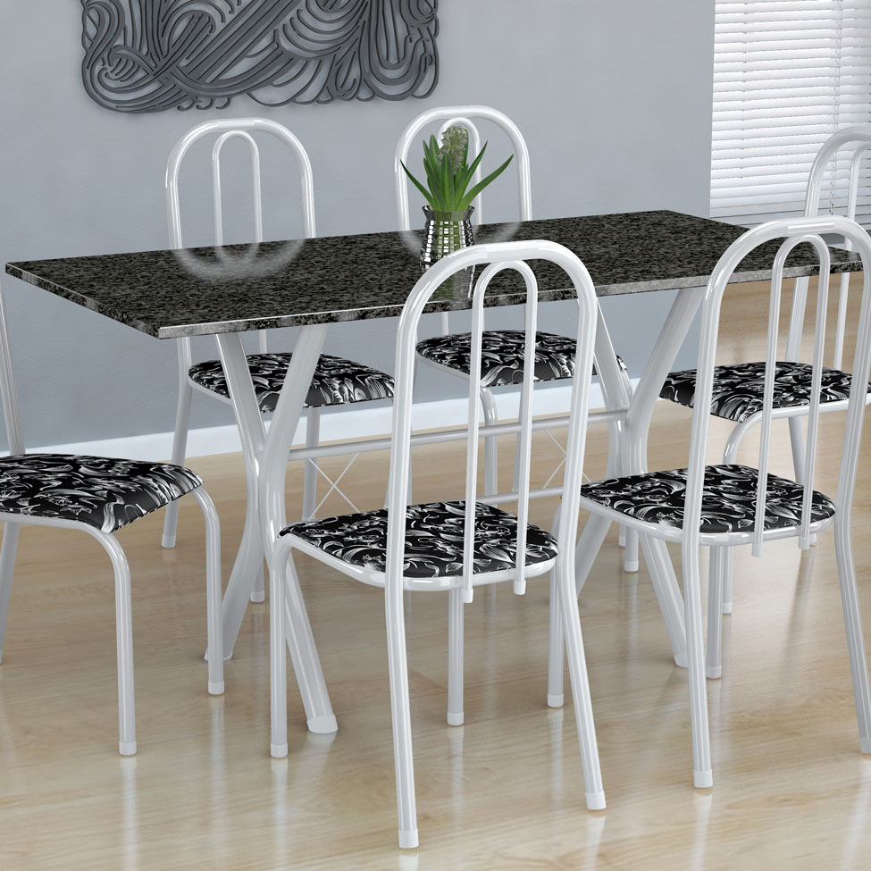 Conjunto de Mesa Miame com 6 Cadeiras Madri Branco e Preto Floral