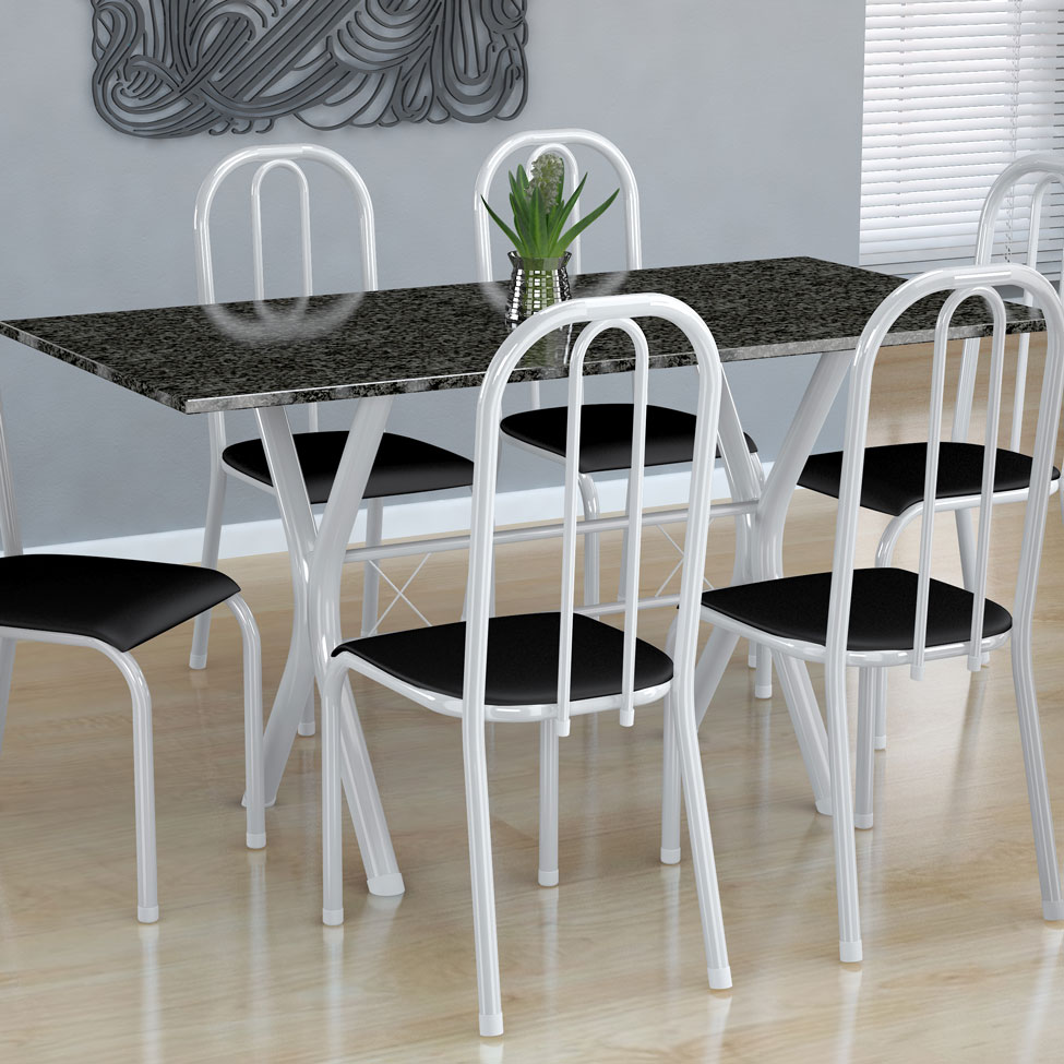 Conjunto de Mesa Miame com 6 Cadeiras Madri Branco e Preto Liso
