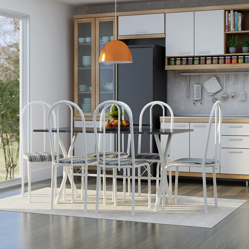 Conjunto de Mesa Miame com 6 Cadeiras Madri Branco e Preto Listrado