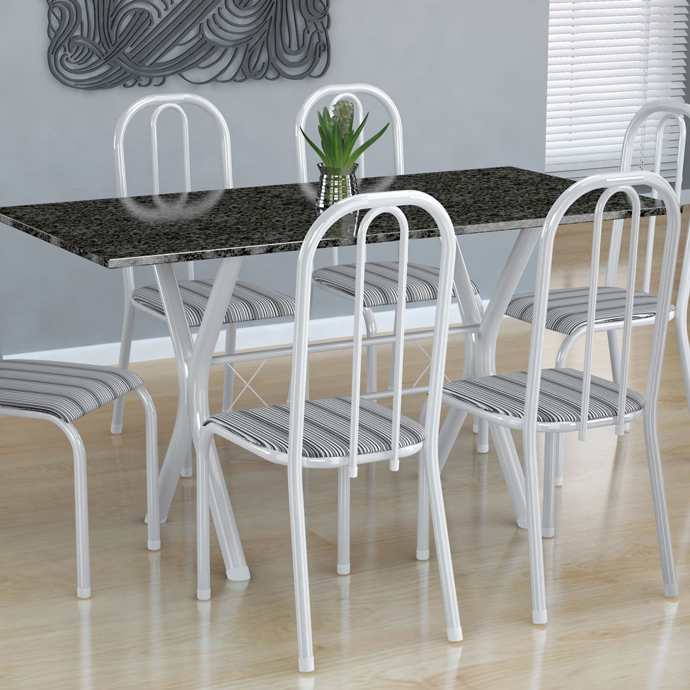 Conjunto de Mesa Miame com 6 Cadeiras Madri Branco e Preto Listrado