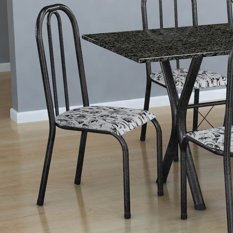 Conjunto de Mesa Miame com 6 Cadeiras Madri Preto Prata e Branco Floral