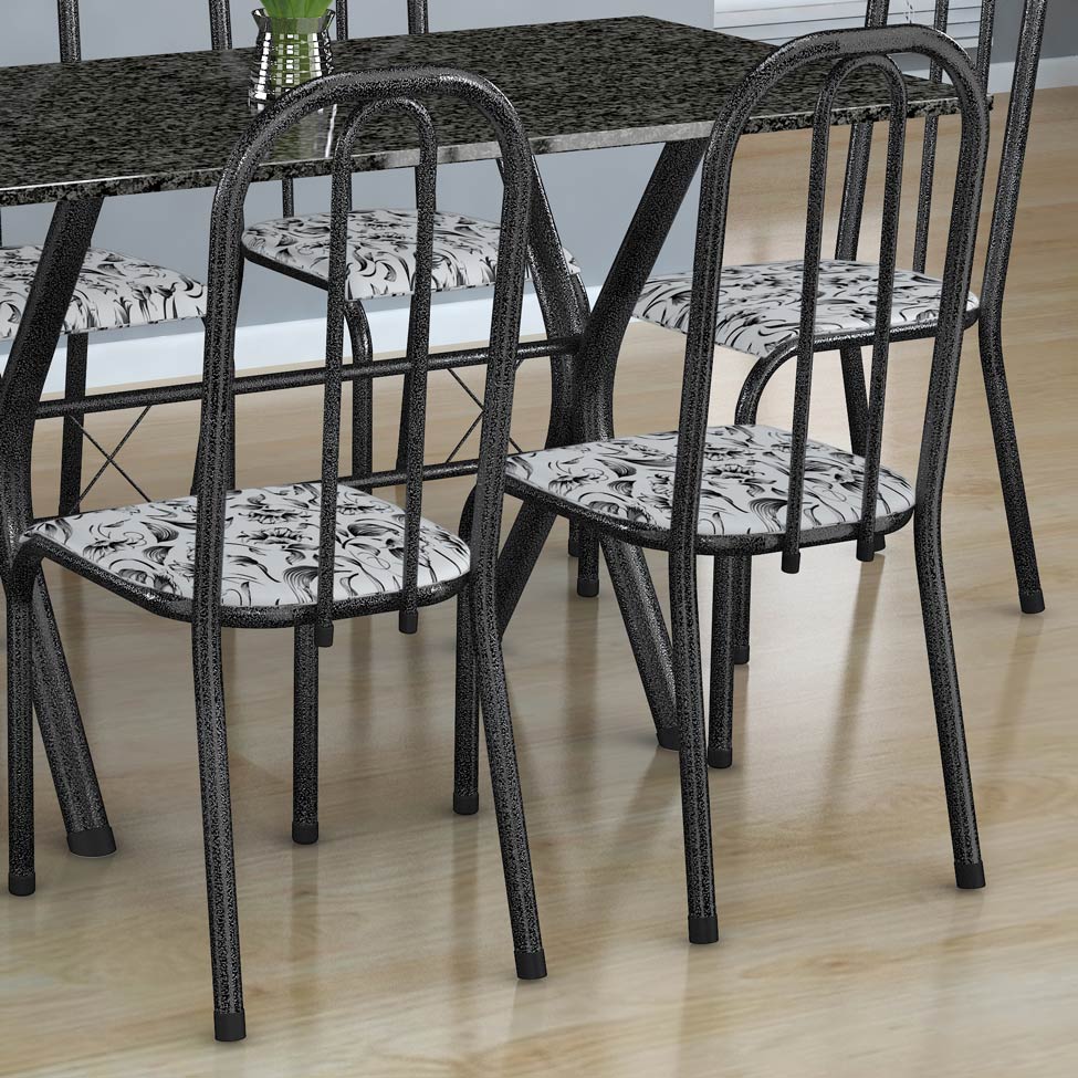 Conjunto de Mesa Miame com 6 Cadeiras Madri Preto Prata e Branco Floral