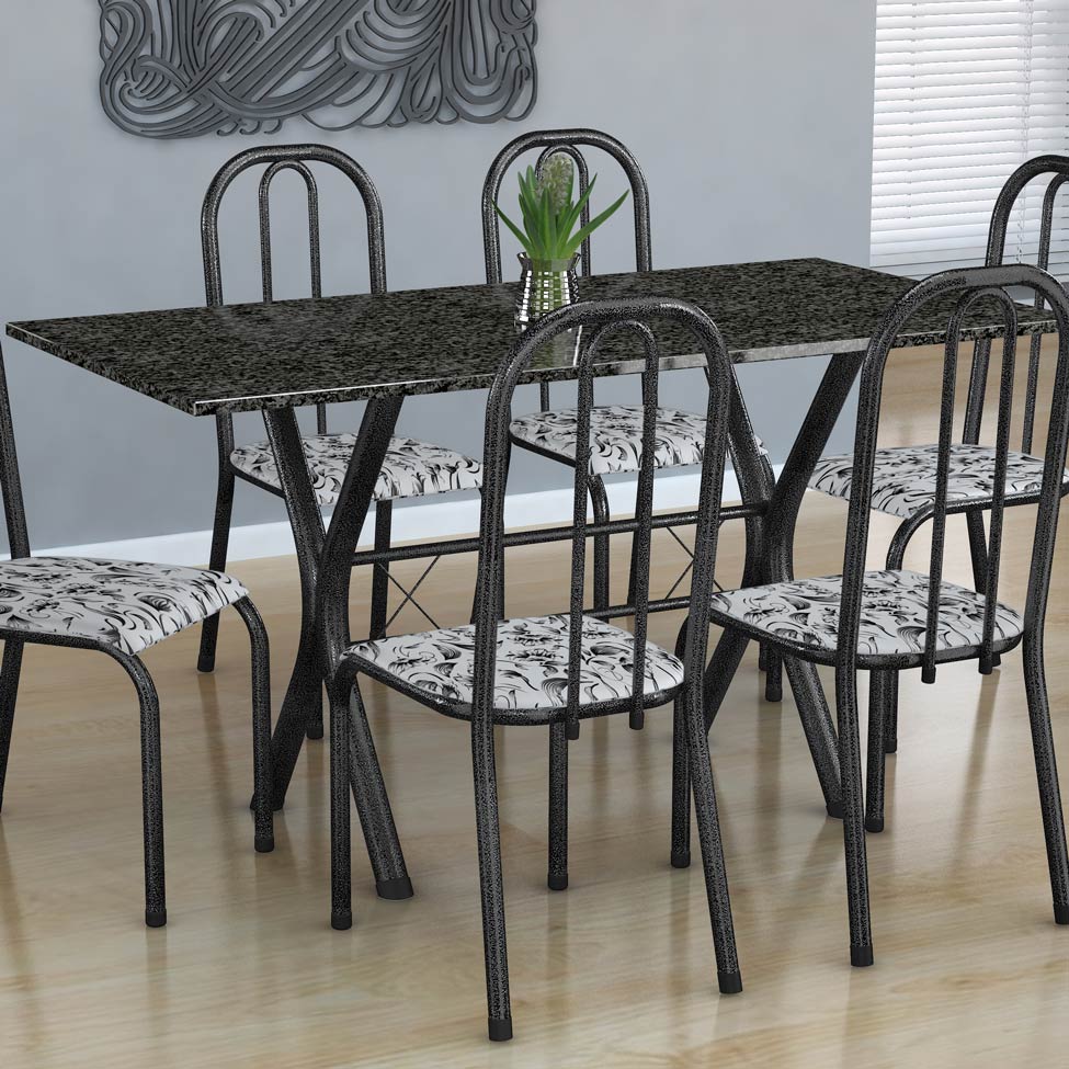 Conjunto de Mesa Miame com 6 Cadeiras Madri Preto Prata e Branco Floral