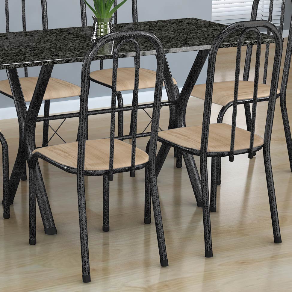 Conjunto de Mesa Miame com 6 Cadeiras Madri Preto Prata e Nature Bege