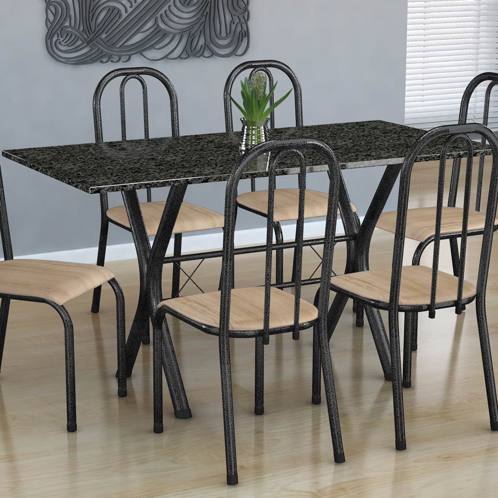 Conjunto de Mesa Miame com 6 Cadeiras Madri Preto Prata e Nature Bege