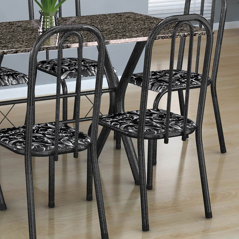 Conjunto de Mesa Miame com 6 Cadeiras Madri Preto Prata e Preto Floral