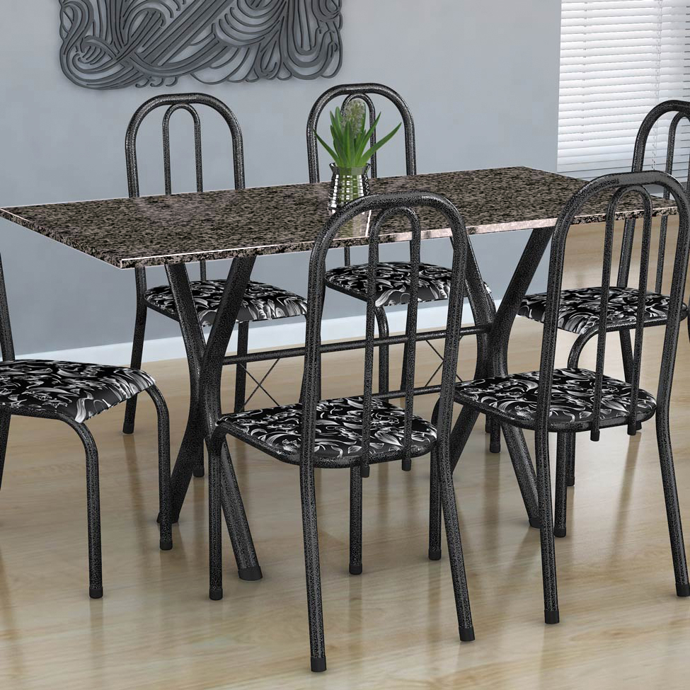 Conjunto de Mesa Miame com 6 Cadeiras Madri Preto Prata e Preto Floral