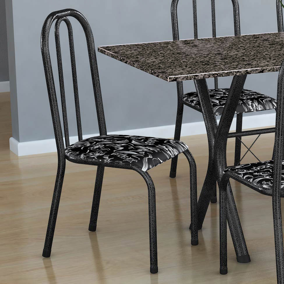 Conjunto de Mesa Miame com 6 Cadeiras Madri Preto Prata e Preto Floral