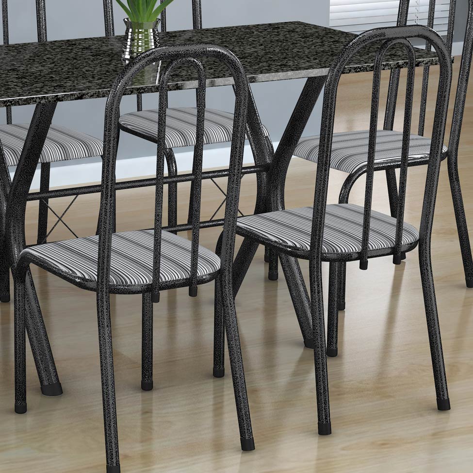 Conjunto de Mesa Miame com 6 Cadeiras Madri Preto Prata e Preto Listrado