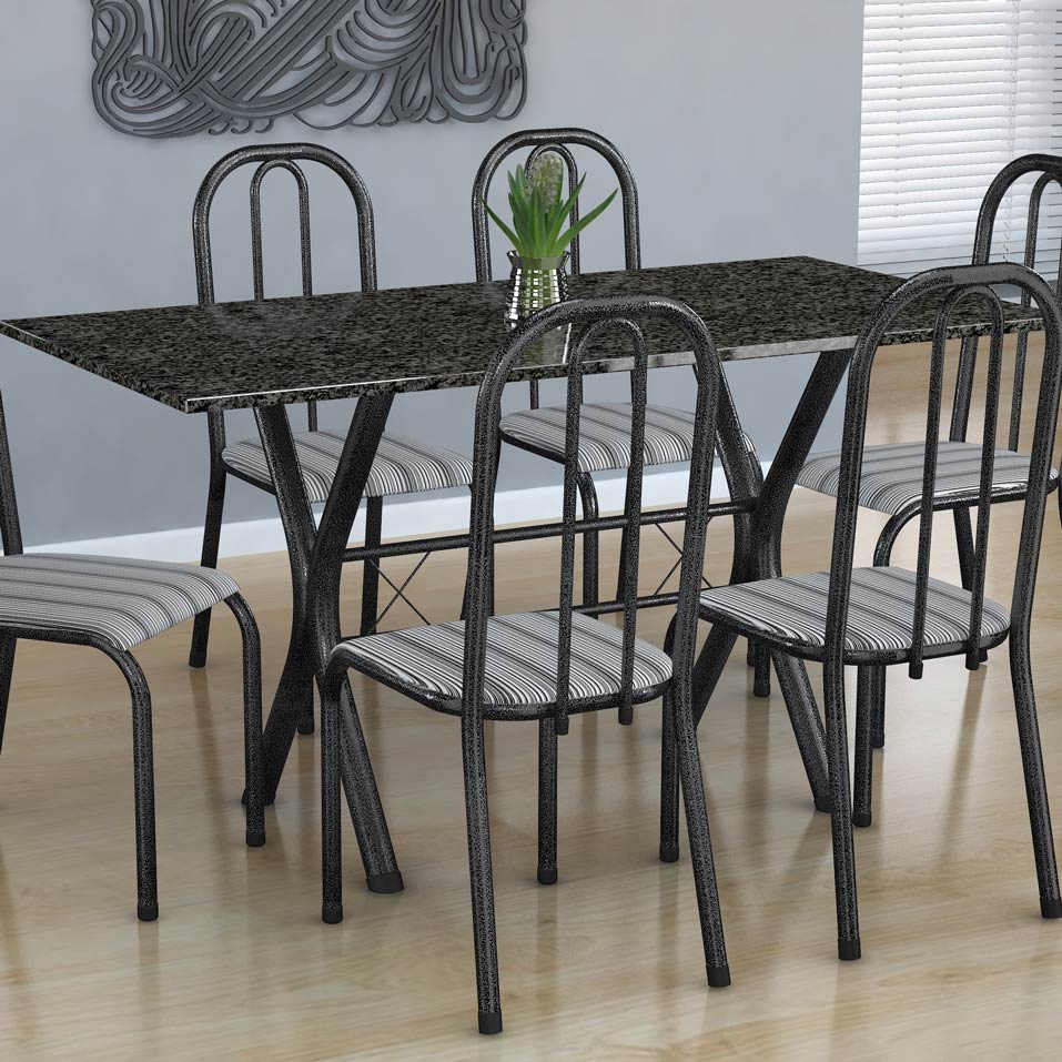 Conjunto de Mesa Miame com 6 Cadeiras Madri Preto Prata e Preto Listrado