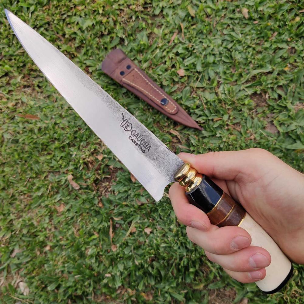 2 Facas Modelo Tesoura de Tosquia Artesanal 7' Gaúcha Churrasco Carbono 1070 Chifre Madeira Osso