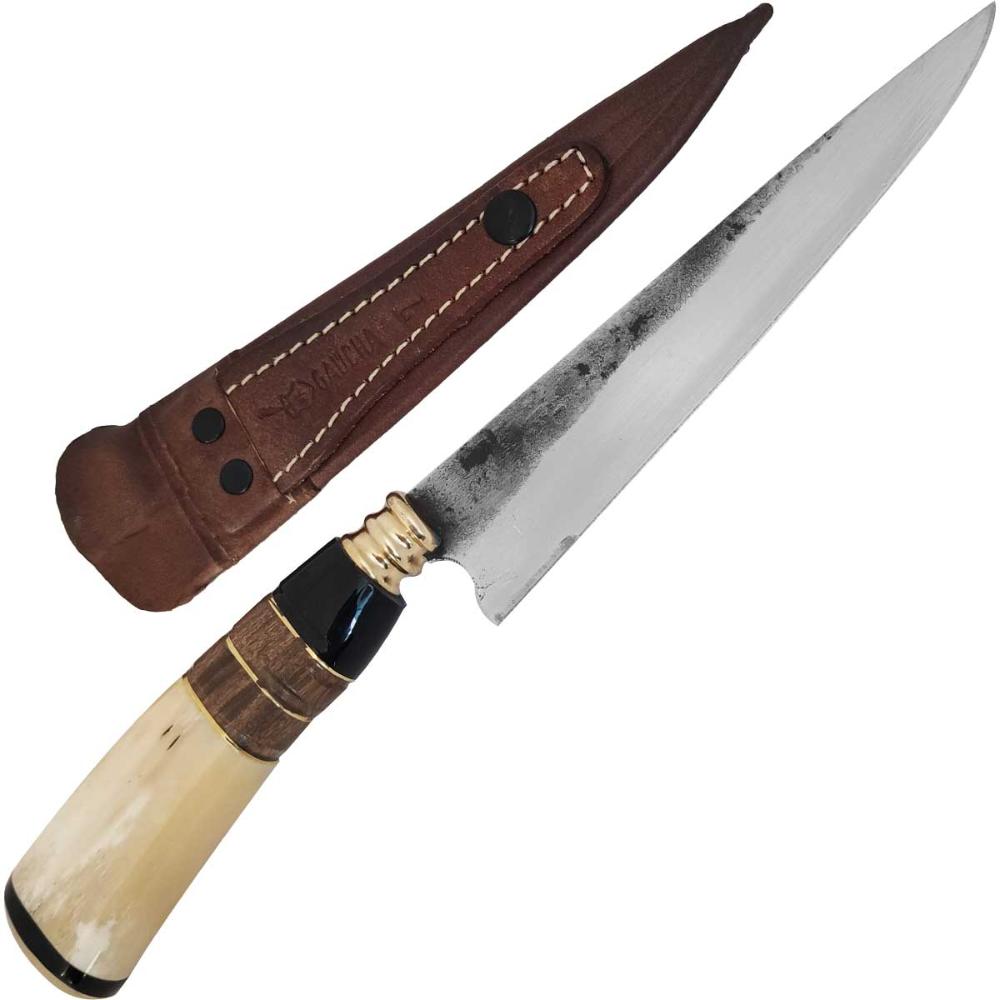 2 Facas Modelo Tesoura de Tosquia Artesanal 7' Gaúcha Churrasco Carbono 1070 Chifre Madeira Osso