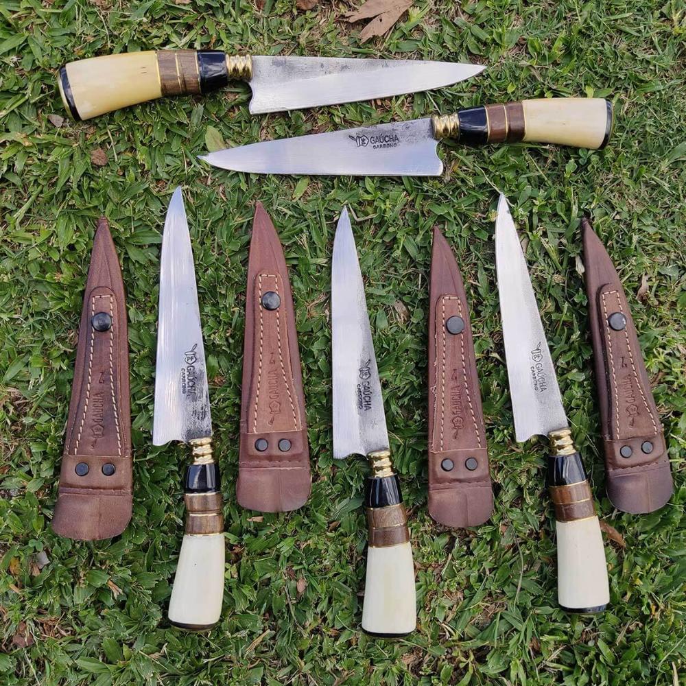 2 Facas Modelo Tesoura de Tosquia Artesanal 7' Gaúcha Churrasco Carbono 1070 Chifre Madeira Osso