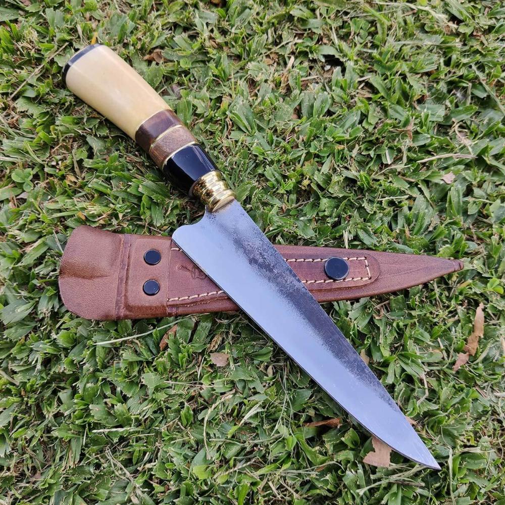 2 Facas Modelo Tesoura de Tosquia Artesanal 7' Gaúcha Churrasco Carbono 1070 Chifre Madeira Osso