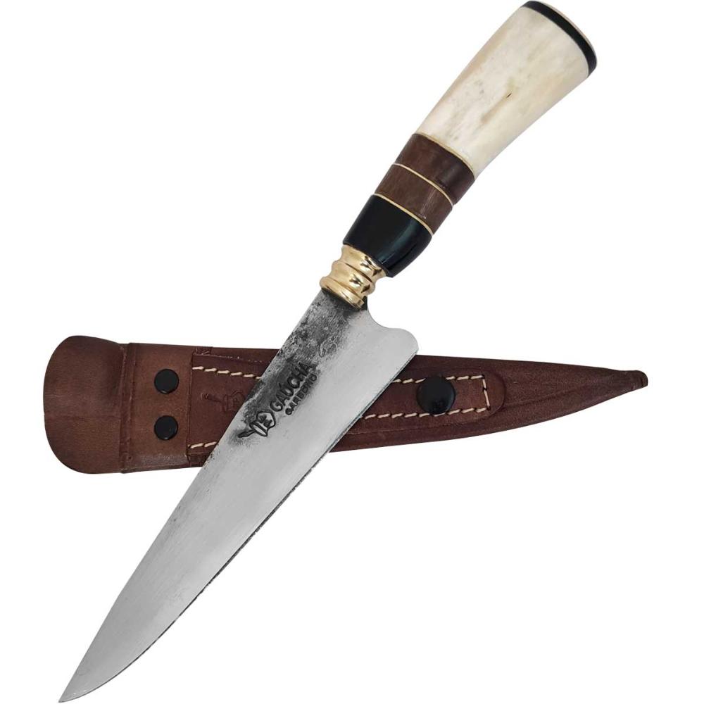2 Facas Modelo Tesoura de Tosquia Artesanal 7' Gaúcha Churrasco Carbono 1070 Chifre Madeira Osso