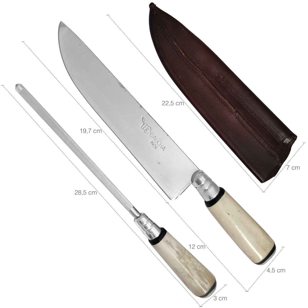 Conjunto Faca Para Churrasco 8" E Chaira Estriada Cutelaria Facas Gaucha Cabo De Osso