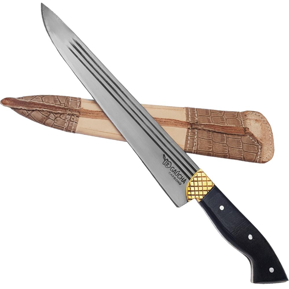 Facão Faca Churrasco 10'' Aço Carbono 1070 Full Tang Listrado Cabo Chifre Escuro