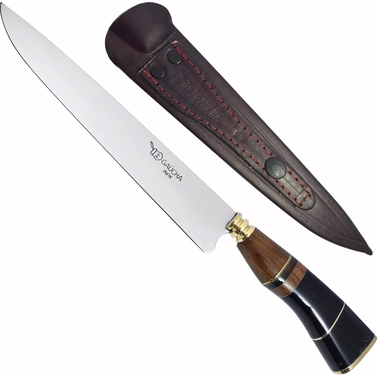 Faca Aço Inox 10 Polegadas Cabo Madeira Chifre Bainha Couro